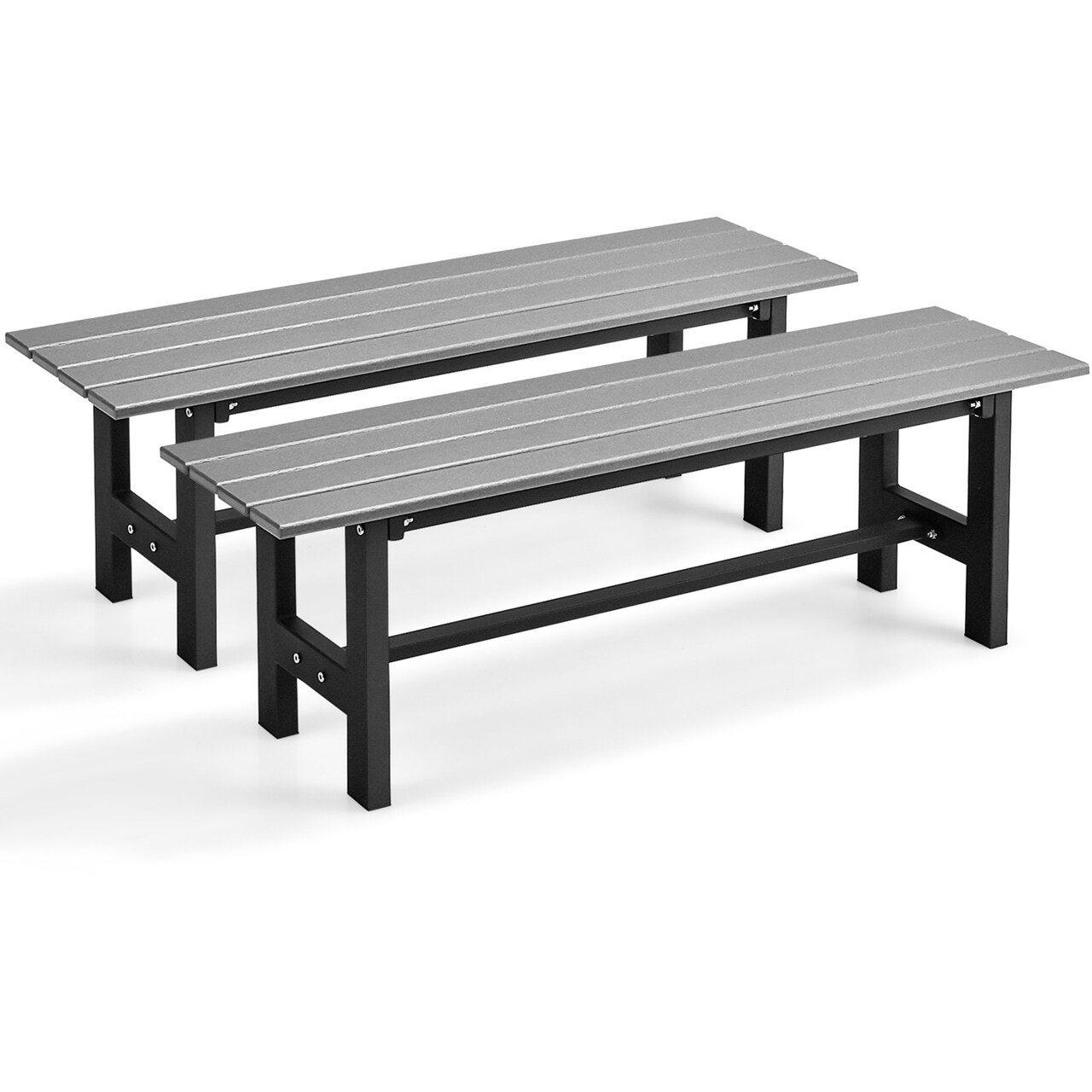 Costway 2PCS Outdoor HDPE Bench with Metal Frame 47'' x 14'' x 16'' for Yard Garden Brown/Black/Gray